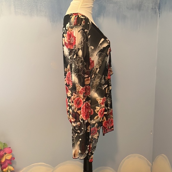 Black sheer blouse with red and black flowers and tan accents. Size Large, $14 - Picture 5 of 6